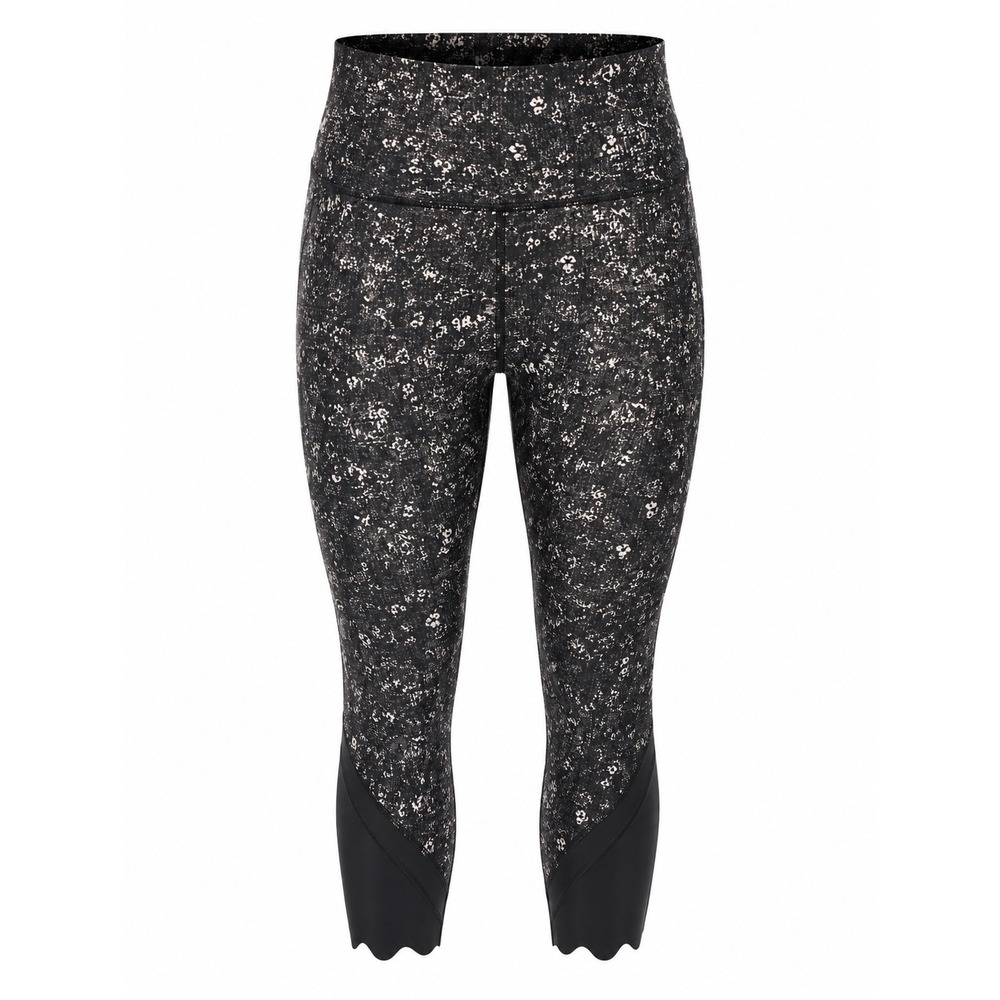 Lululemon Crop Leggings Womens 6 Black Floral Mesh Scallop Hem 21in Yoga Y2K